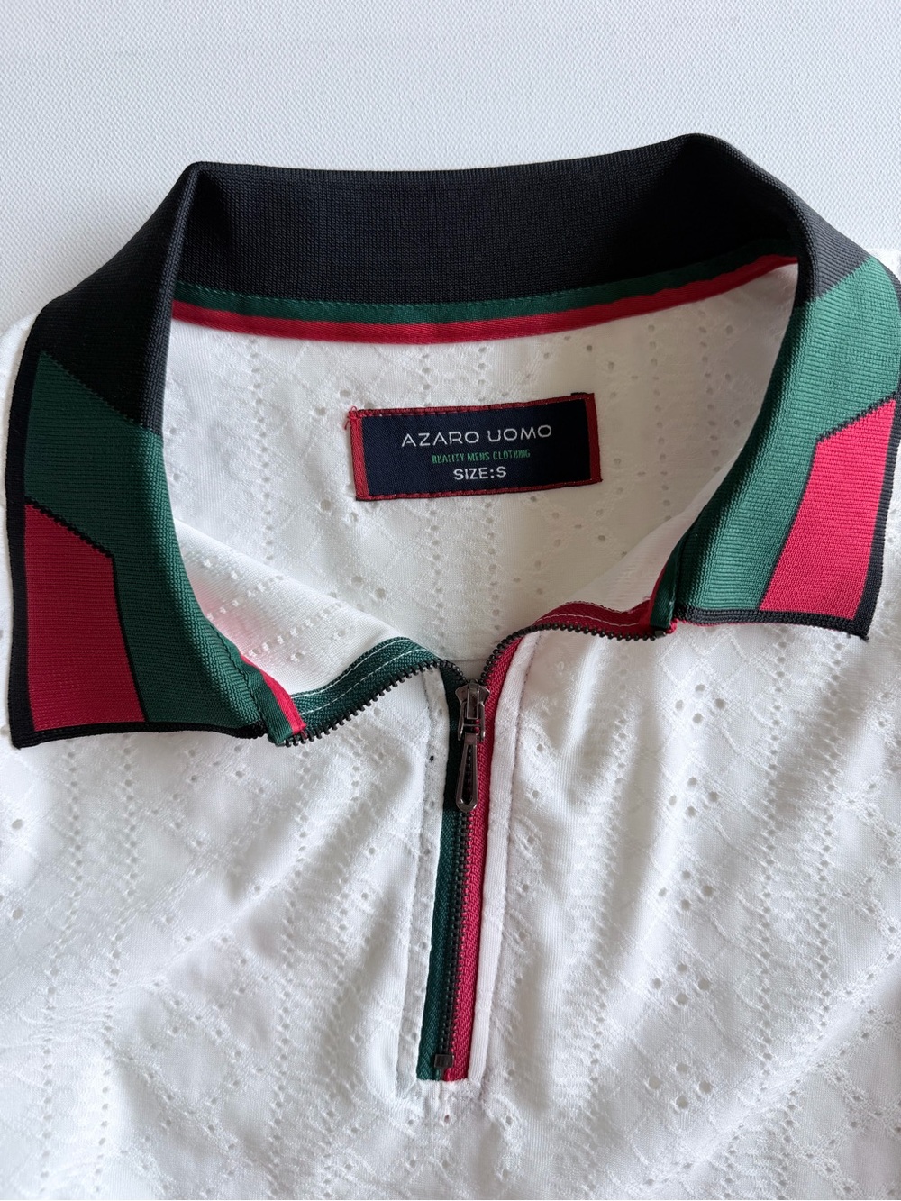 Azaro Uomo Eyelet Knit Quarter Zip Polo White Red Green Unisex Size S - Picture 3 of 11